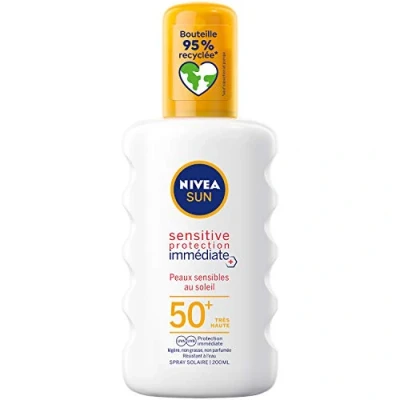 Imagen de NIVEA SUN Spray solar Sensitive protección inmediata FPS 50+ (1x200 ml), adecuada para pieles sensibles, protector textura ligera y no grasa