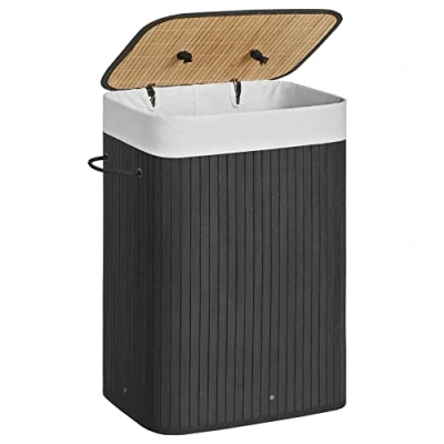 Imagen de SONGMICS Cesta de lavandería con tapa, bambú, plegable, bolsa extraíble lavable, asas, para lavandería, dormitorio, negro, 72 l, LCB10B