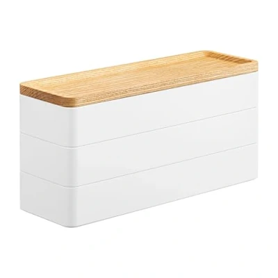 Imagen de YAMAZAKI 5811 RIN Estuche de accesorios delgado 3 niveles con tapa, blanco, resina ABS/madera, diseño minimalista, 24 x 8 11,5 cm (L An Al)