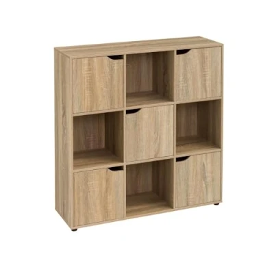 Imagen de LOLAhome Estantería de Madera, Librería, Cubo con Puertas y Compartimentos Abiertos, Mueble almacenaje, en Color Natural 90x29x89 cm para Estudio,Dormitorio, Salón Oficina