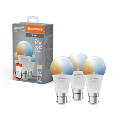 Imagen de LEDVANCE Smarte LED Lampe mit WiFi Technologie, Sockel B22d, Dimmbar, Lichtfarbe änderbar (2700 6500K), ersetzt Glühlampen 60 W, SMART+ Classic Tunable White, 3er Pack
