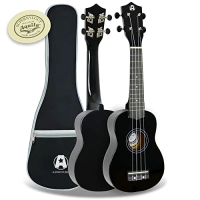 Imagen de A Star Ukelele soprano para principiantes en negro con cuerdas Aquila premium, bolsa acolchada gratis