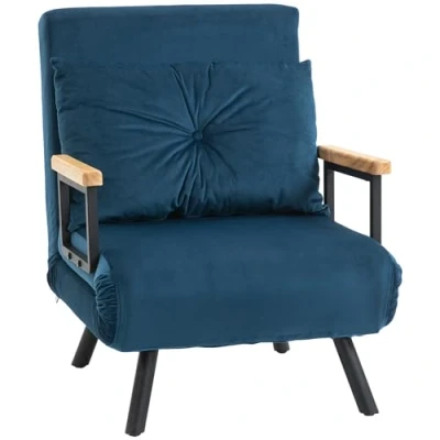 Imagen de HOMCOM Sofá Cama Convertible Sillón Triple Pliegue con Respaldo Ajustable de 5 Niveles y Almohada Acolchada para Oficina Dormitorio Salón Carga 120 kg 63x73x81 cm Azul