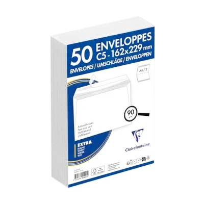 Imagen de Clairefontaine 2542C Un paquet de 50 enveloppes auto adhésives blanches avec fond gris 16,2x22,9 cm 90g sous film