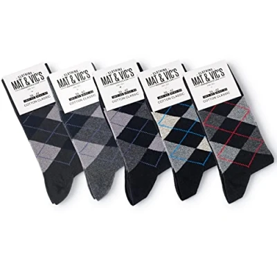 Imagen de Mat &amp; Vic’s Calcetines Clásicos de Vestir para Hombre y Mujer, Algodón, Certificado Oeko Tex 100, cómodos (5 pares, Black Collection negro cuadros argyle, UK 6 8.5 / EU 39 42)