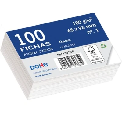 Imagen de Dohe Fichas Lisas de Cartulina (100 uds.) Tarjetas para Escribir Notas, Tamaño 9,5x6,5 cm, 180 gr/m², N.º 1, Material Oficina Color Blanco