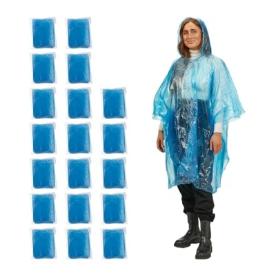 Imagen de Relaxdays Pack 20 Chubasqueros Desechables, Ponchos de Lluvia con Capucha, Chaquetas Antilluvia Emergencia, Unisex, Azul, 123 x 125 cm