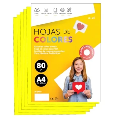Imagen de Folios De Colores A4 80g Para Impresoras y Manualidades, Papel Surtido Niños, Paquete Tarjetas, Escuela Proyectos Creativos · m office (50h, Amarillo Fluor)