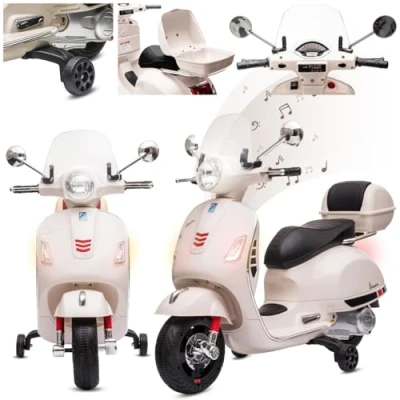 Imagen de Moto Eléctrica Vespa para Niños con Ruedas y Asiento de plástico, Maletero, Reproductor MP3, Toma AUX USD MicroSD (Blanco)