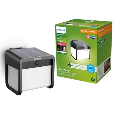 Imagen de Philips Ezra Luz de pared exterior solar con sensor movimiento UltraEficiente, 3000K, 250/25lm, Negro