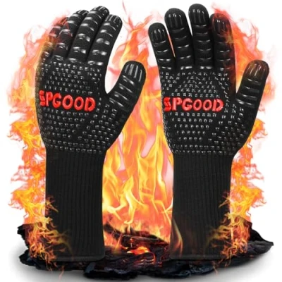 Imagen de SPGOOD Guantes Barbacoa Horno Altas temperaturas Largos, BBQ Resistentes al Calor hasta 800℃ para Cocina, Parrilla, Hornear, Microondas, Chimenea Negro（L/XXL）