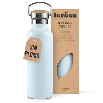 Imagen de Bambaw Botella térmica 1 litro, agua Azul claro, acero inoxidable gimnasio, Cantimplora 1l celeste