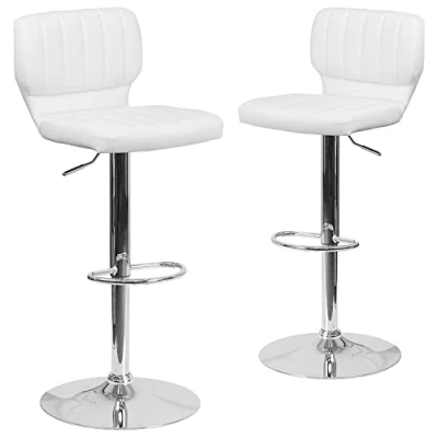 Imagen de Flash Furniture Juego de 2 taburetes contemporáneos Altura Ajustable con Respaldo Punto Vertical y Base cromada, Madera contrachapada, Metal, Espuma, Vinilo Blanco,
