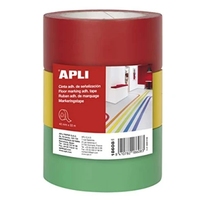 Imagen de APLI 18608 Pack 3 cintas adhesivas de señalización PVC rojo, amarillo y verde 40 mm x 33 m 160 μm