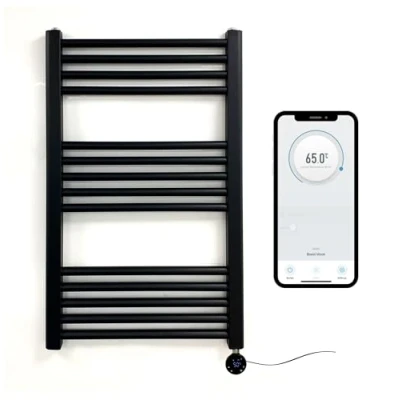 Imagen de Greened House Toallero eléctrico inteligente con control WiFi, color negro mate, 500 mm de ancho x 800 alto, 7 días, programable, compatibilidad la aplicación