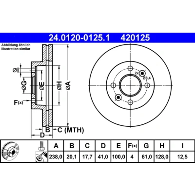 Imagen de ATE 24.0120 0125.1 Disco de freno 238,0 20,1 4 100,0 ventilado revestido con tornillos RENAULT: CLIO 2, Kangoo I, 1