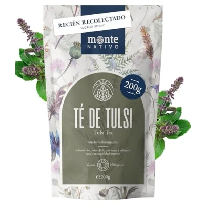Imagen de té de Tulsi Monte Nativo (200 g) 100% puro y natural Albahaca Sagradasin aditivos hierbas aromático ayurvédico frutas Caliente o como helado Hojas