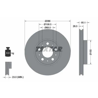 Imagen de TEXTAR 92100500 Disco de freno 286 26 05/10 108 ventilación externa sin perno sujeción rueda, buje rueda VOLVO: S60 I