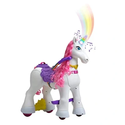 Imagen de FEBER, My Lovely Unicorn con Melena Rosa, Mascota electrónica y vehículo de batería 12 V (Famosa 800011603), Blanco