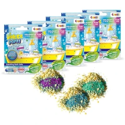 Imagen de INKEE Popz 5 sobres de sales baño crepitantes con aroma a palomitas maíz en tres colores aleatorios (azul, verde o rosa), 15 gr cada sobre