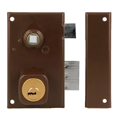 Imagen de Amig Cerradura de Sobreponer Derecha con Palanca Cierre, Lengüeta y Cuadradillo para Puertas Madera Mod. 75N / 67 x 112 mm/Cilindro Redondo Seguridad/Acero Marrón