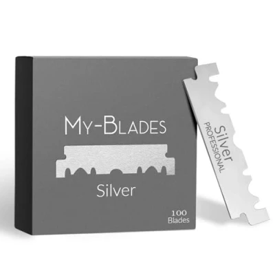Imagen de My Blades® Silver 100 hojas de afeitar fabricadas en acero alemán un solo filo, media hoja templada con hielo para navajas y shavette