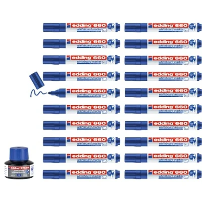 Imagen de edding 660 marcador para pizarras blancas azul caja con recarga de 20 rotuladores punta redonda 1,5 3mm borrado en seco blanca, flipchart, tablón notas recargable
