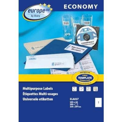 Imagen de EUROPE 100 Caja de 1600 etiquetas autoadhesivas multiusos, 105 x 37 mm, compatibles Laser, Inyección tinta y copiadora