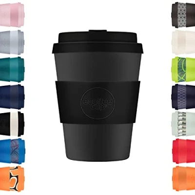 Imagen de Ecoffee Cup Taza de café reutilizable 350 ml, respetuosa con el medio ambiente, 100% a base plantas, tapa y funda silicona, sin melamina biodegradable, apta para lavavajillas