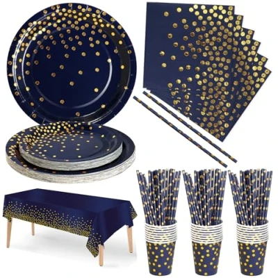 Imagen de Nkaiso Vajilla de Fiesta,126 Piezas Azulmarino Dorados Set Juego Platos y Cubiertos, cubertería cartón, Vasos servilletas,para cumpleaños,Aniversarios 25 Invitados