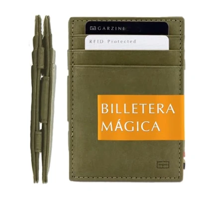 Imagen de GARZINI Cartera Mágica Cuero Verde Oliva para 10 Tarjetas Tarjetero con Bloqueo RFID. Fina Hombres Regalos Originales