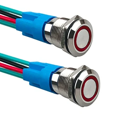 Imagen de Aiqeer 2 Piezas 12 mm Interruptores de Botón Momentáneo, 12V / 24V 3A Interruptor LED Rojo, Pulsador Metálico Impermeable, con Enchufe Precableado