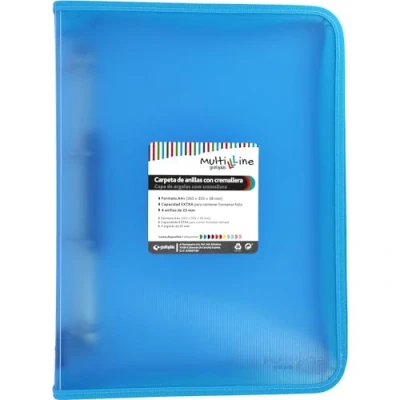 Imagen de Grafoplás Archivador Anillas con Cremallera A4+ Azul Claro Multiline 4 Mixtas 25mm Cubierta Polipropileno Rayado Vertical Capacidad Extra para Hojas de Papel Formato Folio