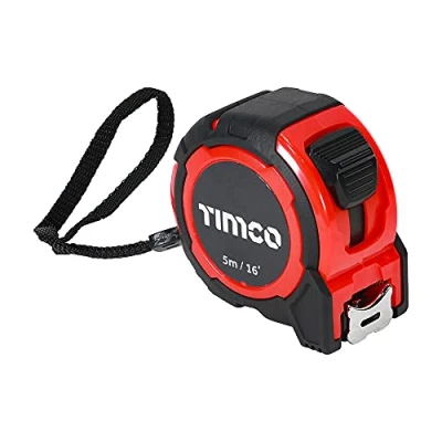 Imagen de TIMCO cinta métrica de 5 m, m x 25 mm, con botón bloqueo, clip para cinturón y correa mano, e imperial