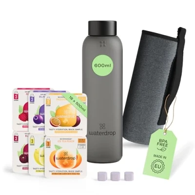 Imagen de waterdrop® Starter Set Botella de Vidrio + 18 Microdrinks para Disolver en 6 Variedades Frutas Paquete Degustación, 600 ml A Prueba Fugas Apta Bebidas Carbonatadas