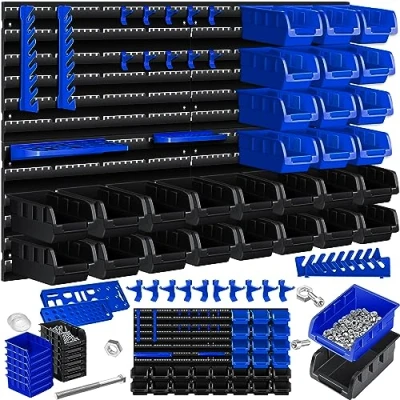 Imagen de MASKO® Estantería de Pared + Cajas Apilables Portaherramientas, Ampliable, Taller, Almacenamiento, Almacenamiento Visibles, 45 partes Negro/Azul