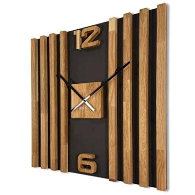 Imagen de FLEXISTYLE Reloj de Pared Grande Madera con Listones SQ, 60 cm, Aspecto Madera, Color Negro, Roble 3D, Moderno, sin tictac, para salón, Negro y