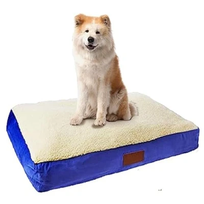 Imagen de Ellie Bo Cama ortopédica para perros de tamaño mediano 71 x 48 6 cm espuma viscoelástica con funda cuero y piel oveja sintéticos color azul blanco jaulas cajas 76