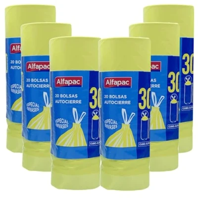 Imagen de 6 rollos de 20 bolsas basura (120 bolsas) autocierre 30 L. capacidad especiales envases y cubos altos 50x75 cms