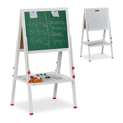 Imagen de Relaxdays Pizarra Infantil Caballete, Altura Regulable, Magnética, Rotuladores y Tizas, 102 135x55x52 cm, Madera, Blanco, Tablero de Fibras