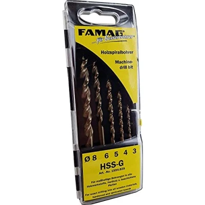 Imagen de Famag 1594835 Juego de brocas en espiral para madera (5 piezas, diámetro 3 8, HSS G, todos los materiales madera, con estuche plástico), color gris