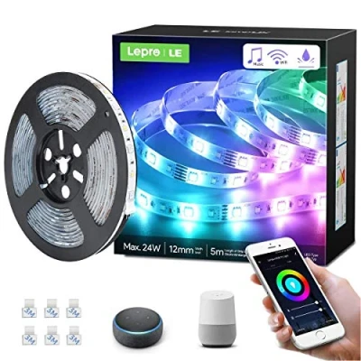 Imagen de Lepro 5M Tira LED Música, Luces de WiFi(solo 2.4 GHz) Impermeable IP65, Control Voz y APP, RGB Blanco Regulable, Luz Inteligente Compatible con Alexa/Google Home, No se Requiere Hub