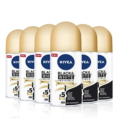 Imagen de NIVEA Black &amp; White Invisible Silky Smooth roll on en pack de 6 (6 x 50 ml), desodorante antitranspirante para una piel suave, proteger la ropa