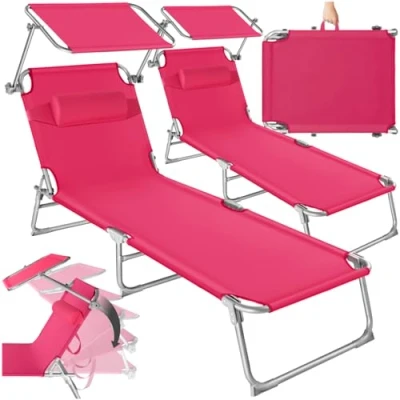 Imagen de tectake® Set de 2 Tumbonas Jardín Exterior con Parasol y Respaldo Regulables, Tumbona Plegable Reposacabezas, Playa Resistente a la Intemperie, Piscina Carga Máx. 110 kg rosa