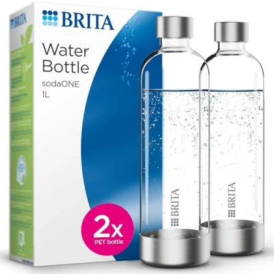 Imagen de BRITA SodaONE Juego de 2 botellas repuesto para dispensador agua 1 litro, ligeras, sin BPA, botella PET en paquete doble, con elementos acero inoxidable pulido