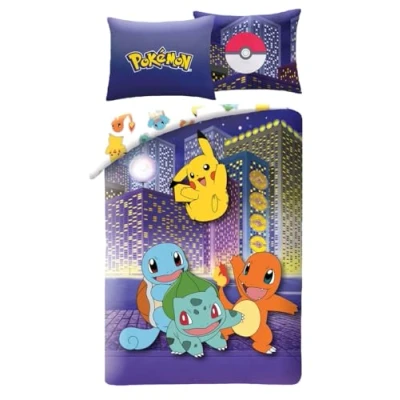 Imagen de Juego de cama reversible Pokemon City, funda nórdica 140 x 200 cm y almohada, 100 % poliéster