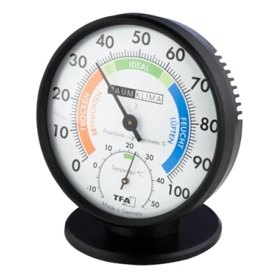 Imagen de TFA Dostmann Termómetro higrómetro de precisión 45.2033 para control del clima interior, analógico, con zonas confort, temperatura y humedad (negro)