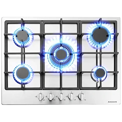 Imagen de Arebos Placa de Cocina gas con 5 fogones Acero inoxidable Incluye rejilla y piloto seguridad Autosuficiente Encimera Apta para natural propano