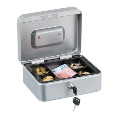 Imagen de Relaxdays Caja de Dinero, Cerradura, Bandeja Extraíble, 5 Compartimentos, Cajita Hierro, 8,5 x 20 17 cm, Plateado