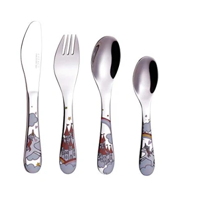 Imagen de EXZACT Cubertería infantil 4 pieza para niños de Acero Inoxidable : 1 x Cena Cuchillo, Tenedor, Cuchara, Cuchara pequeña Unicornios
